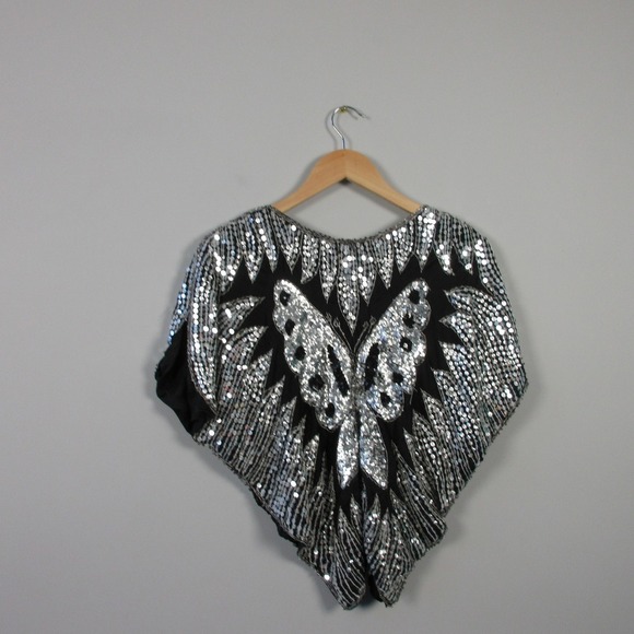 Cream Soda Sequin Top Fairycore Y2K Vtg Black 100% Silk Butterfly Silver 306 - Picture 2 of 14